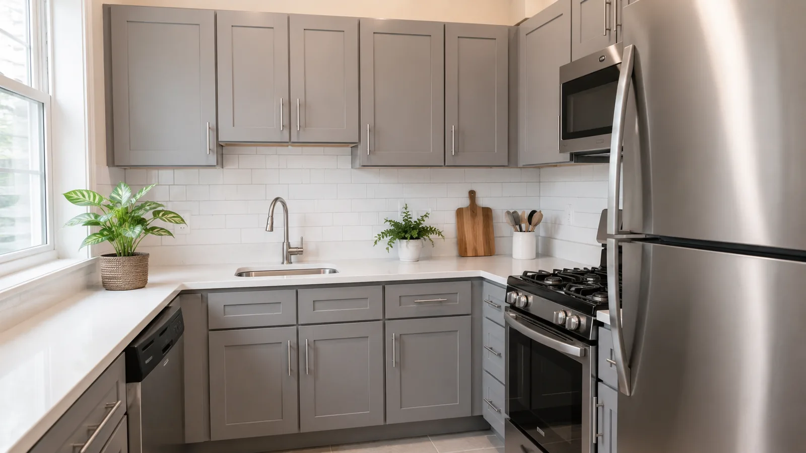 Compact L-shaped 10x10 kitchen with gray shaker cabinets, white quartz counters, and stainless appliances