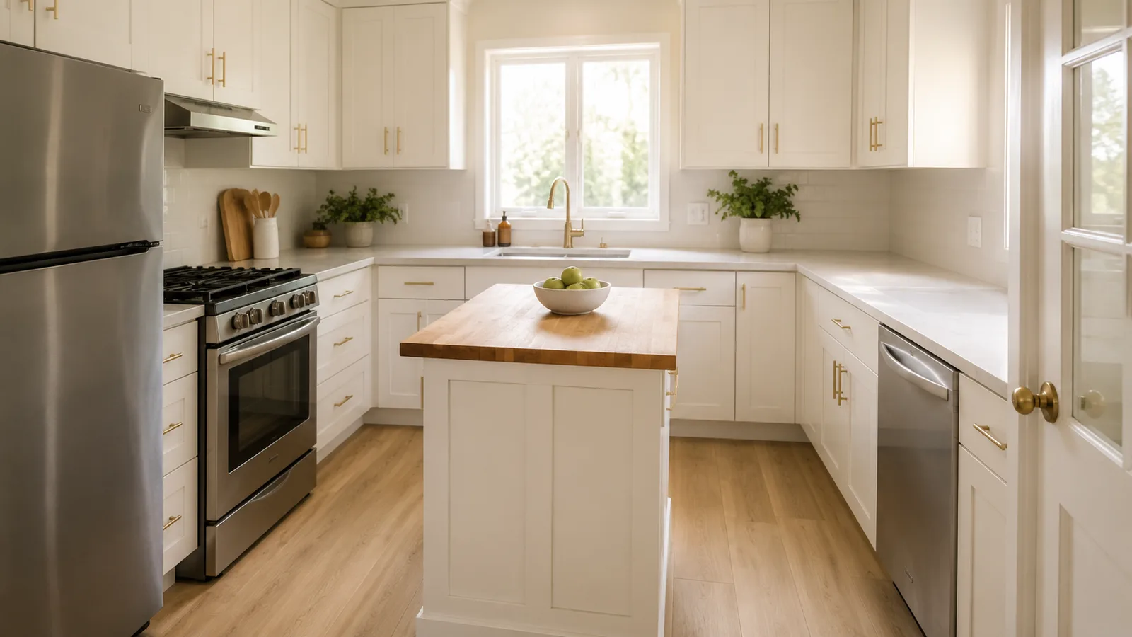 White shaker 10x10 kitchen layout with a small freestanding island added in the center