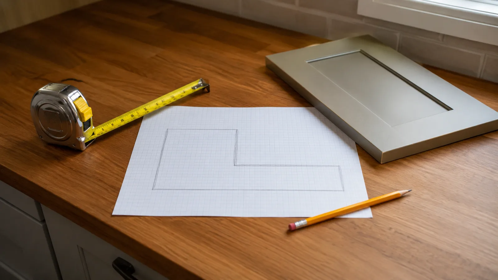 Tape measure and blank graph paper sketch on a countertop while planning a 10x10 kitchen cabinet layout