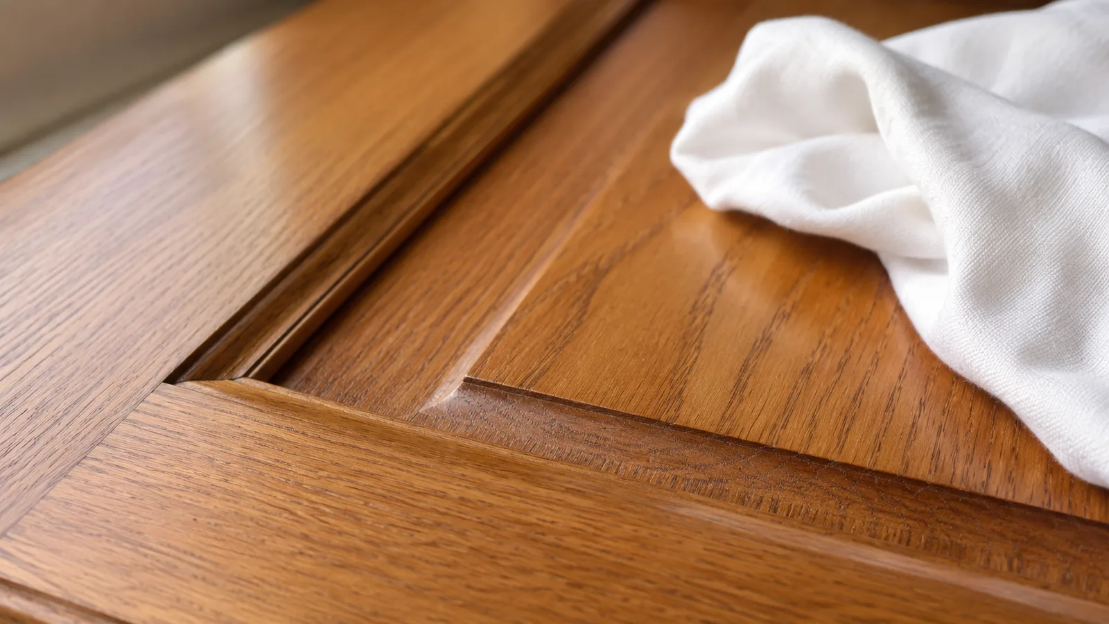 Soft cloth wiping a stained wood cabinet door along the grain direction