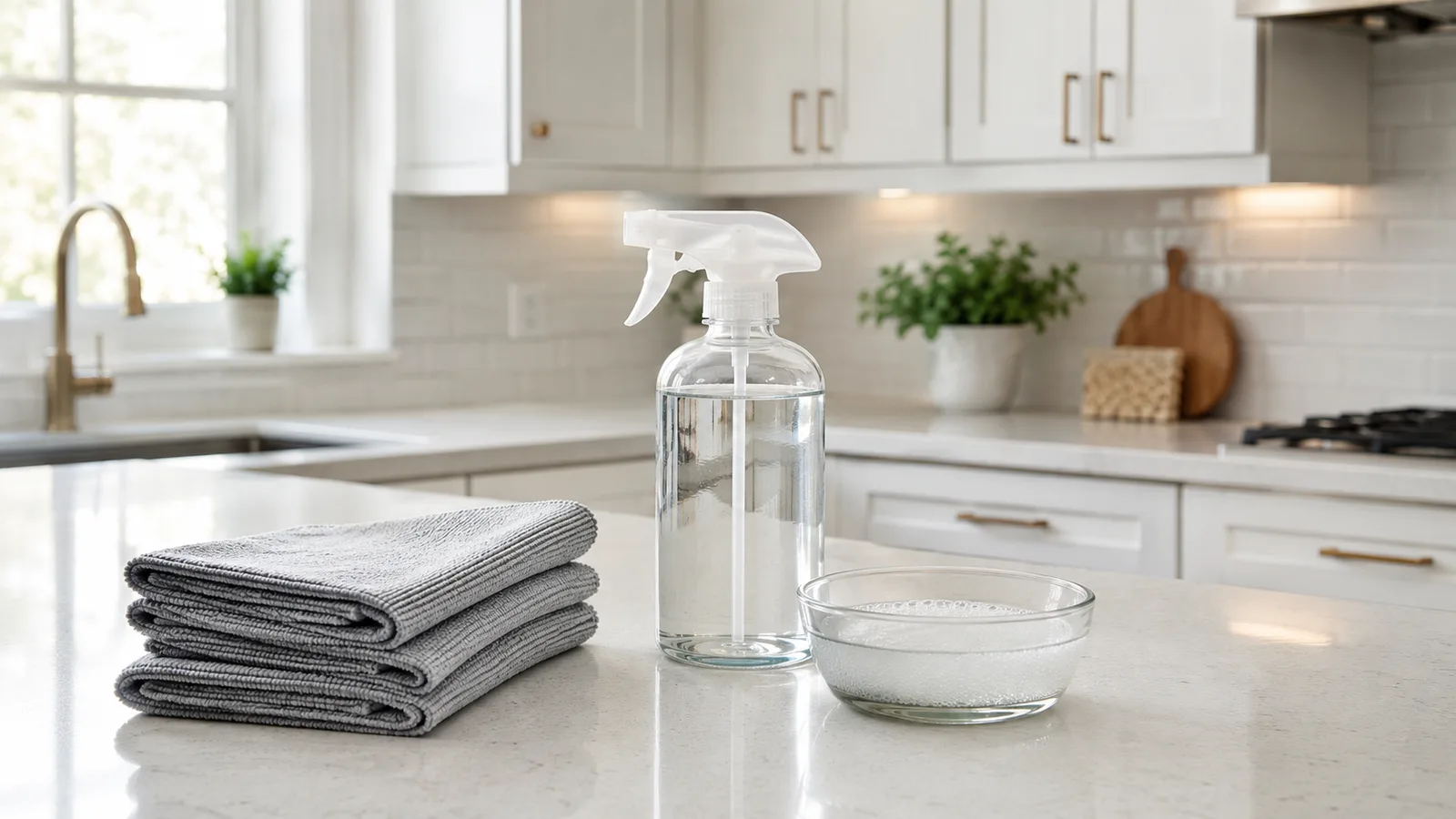 Microfiber cloths and gentle dish soap cleaning supplies on a counter in front of white shaker kitchen cabinets