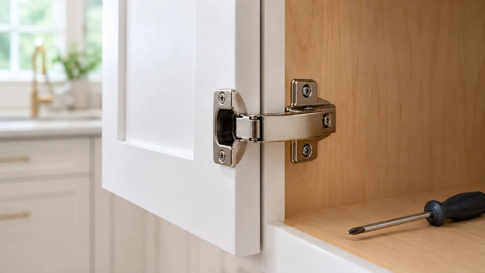 Adjusting a soft-close cabinet hinge with a screwdriver during seasonal cabinet maintenance