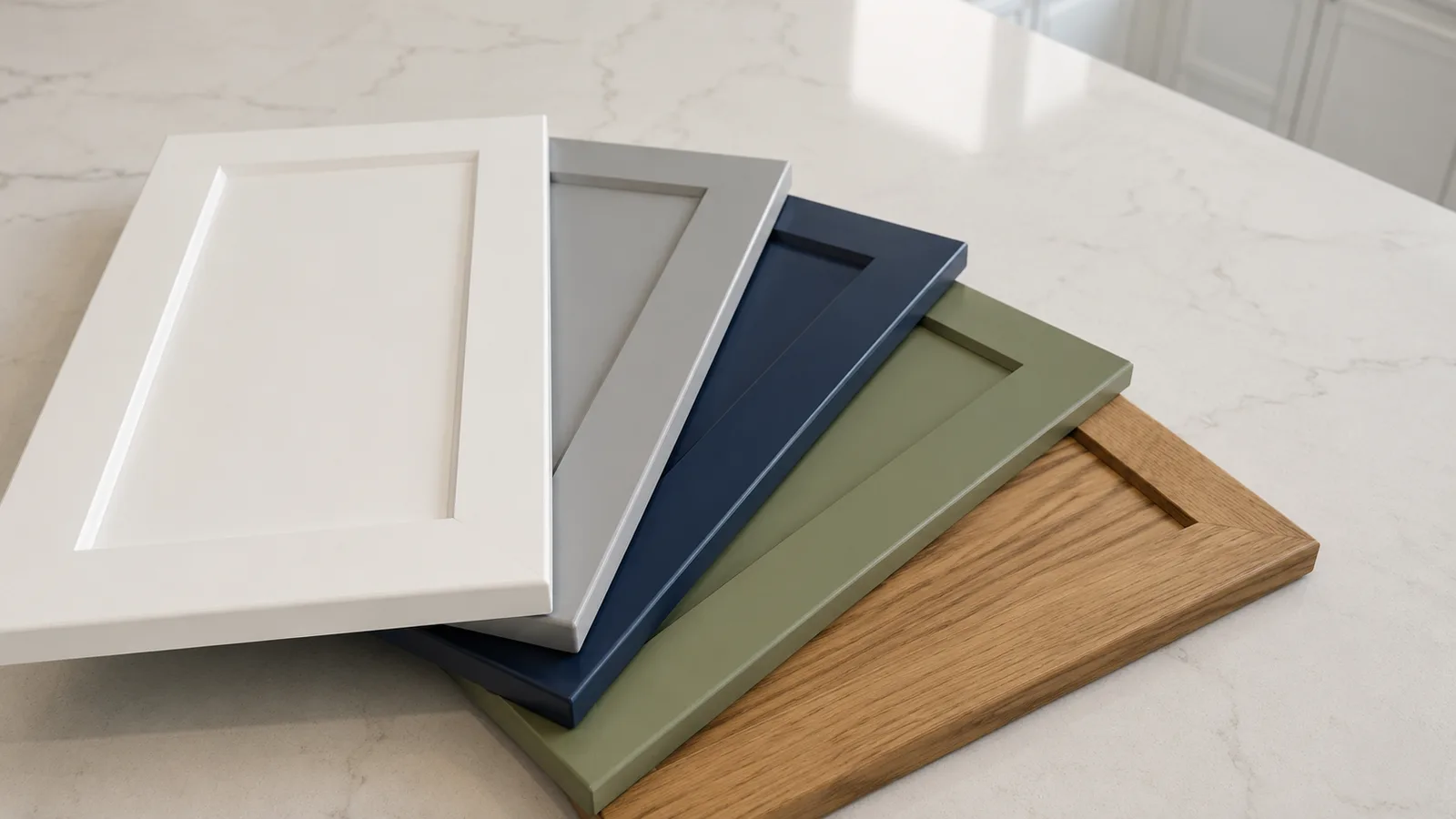 Comparing cabinet door samples in different finishes at home before choosing between top kitchen cabinet brands