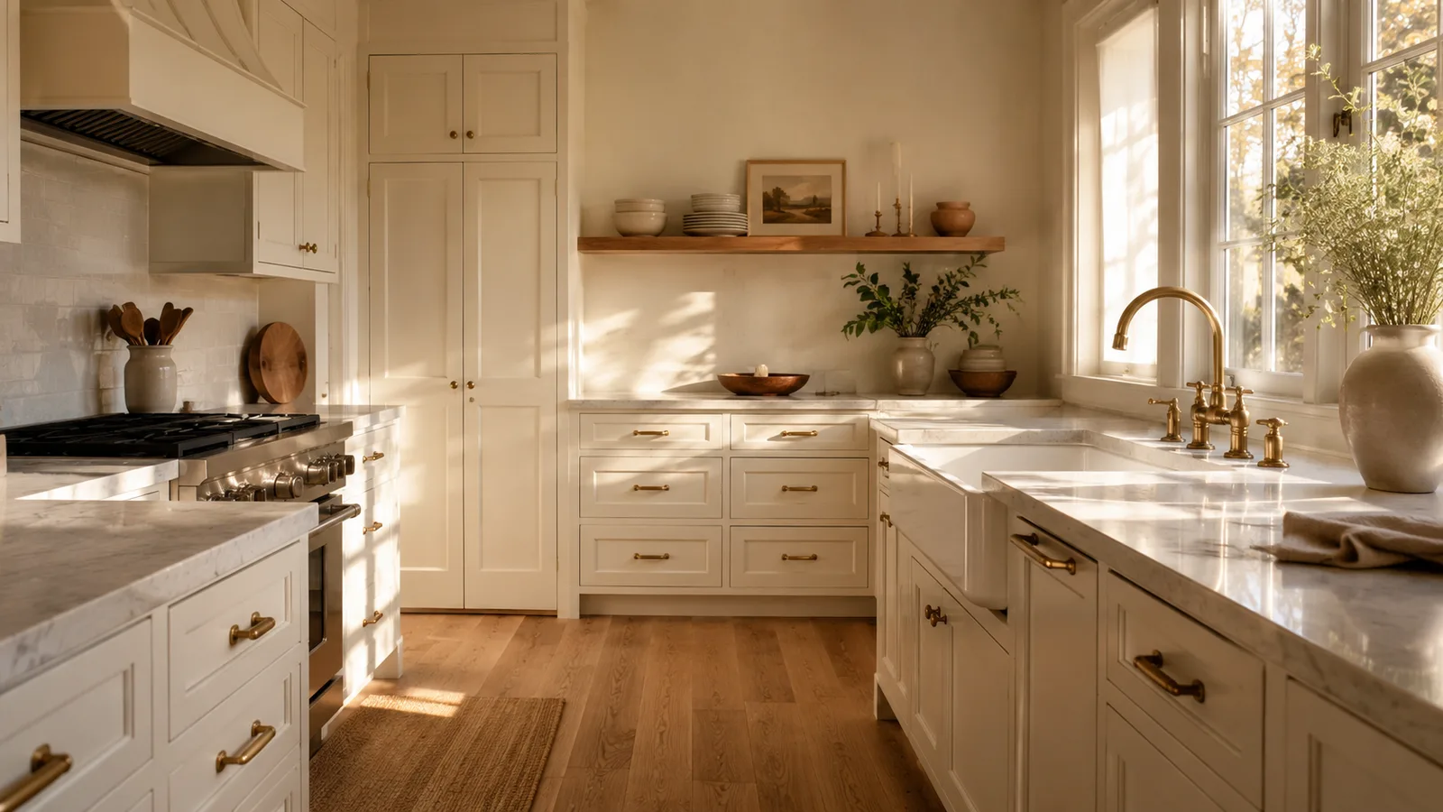 Kitchen with soft off-white shaker cabinets and warm brass hardware similar to Fabuwood Galaxy Dove