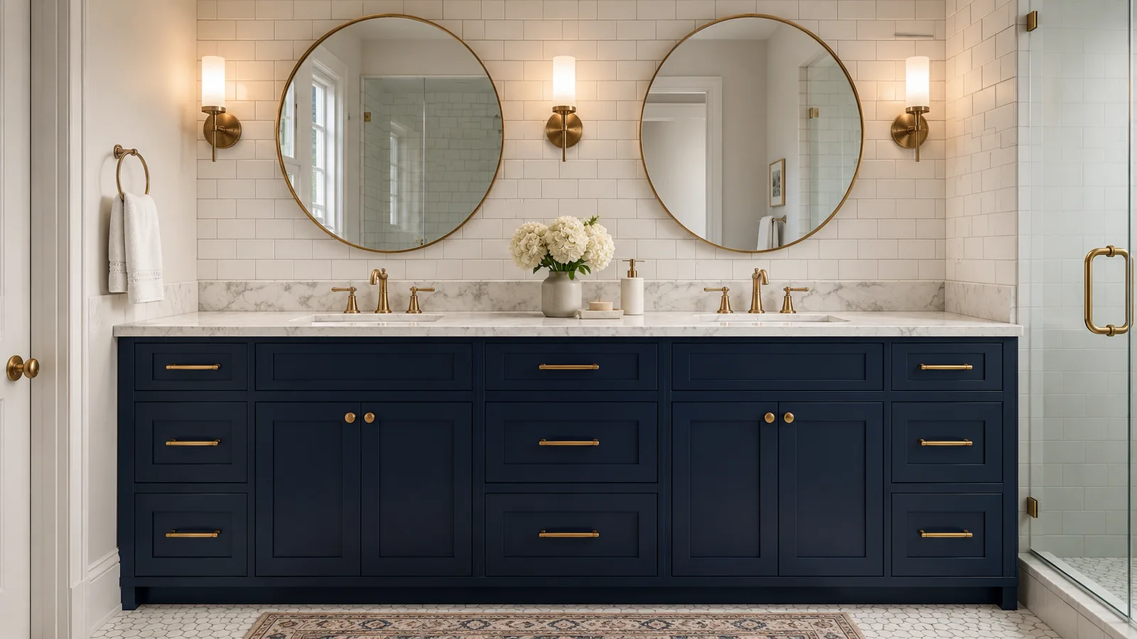 Navy blue shaker bathroom vanity with marble top and brass hardware similar to Fabuwood Galaxy Indigo