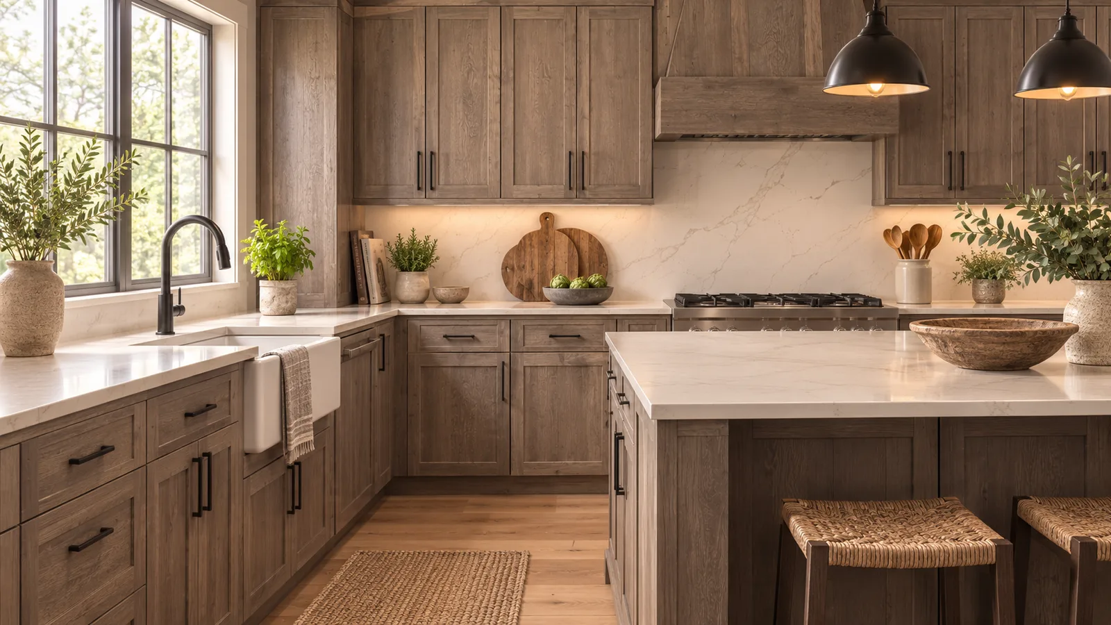 Warm kitchen with weathered gray-brown wood-tone shaker cabinets similar to Fabuwood Galaxy Timber