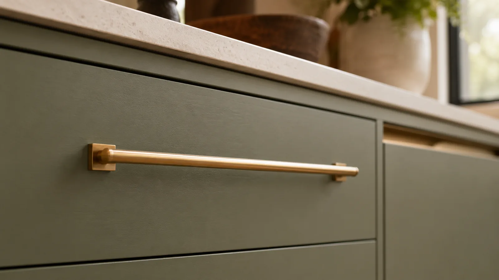 Slender brushed brass bar pulls on sage green kitchen cabinets — a leading 2026 cabinet hardware trend