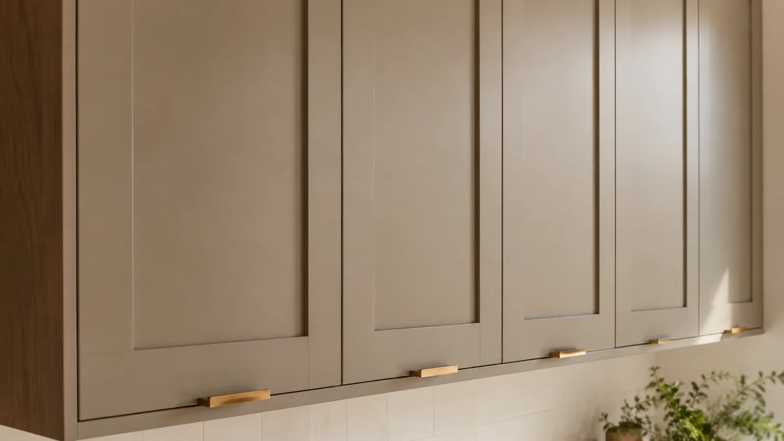 Slim shaker kitchen cabinet doors with narrow one-inch frames in a warm neutral finish — the breakout cabinet style of 2026