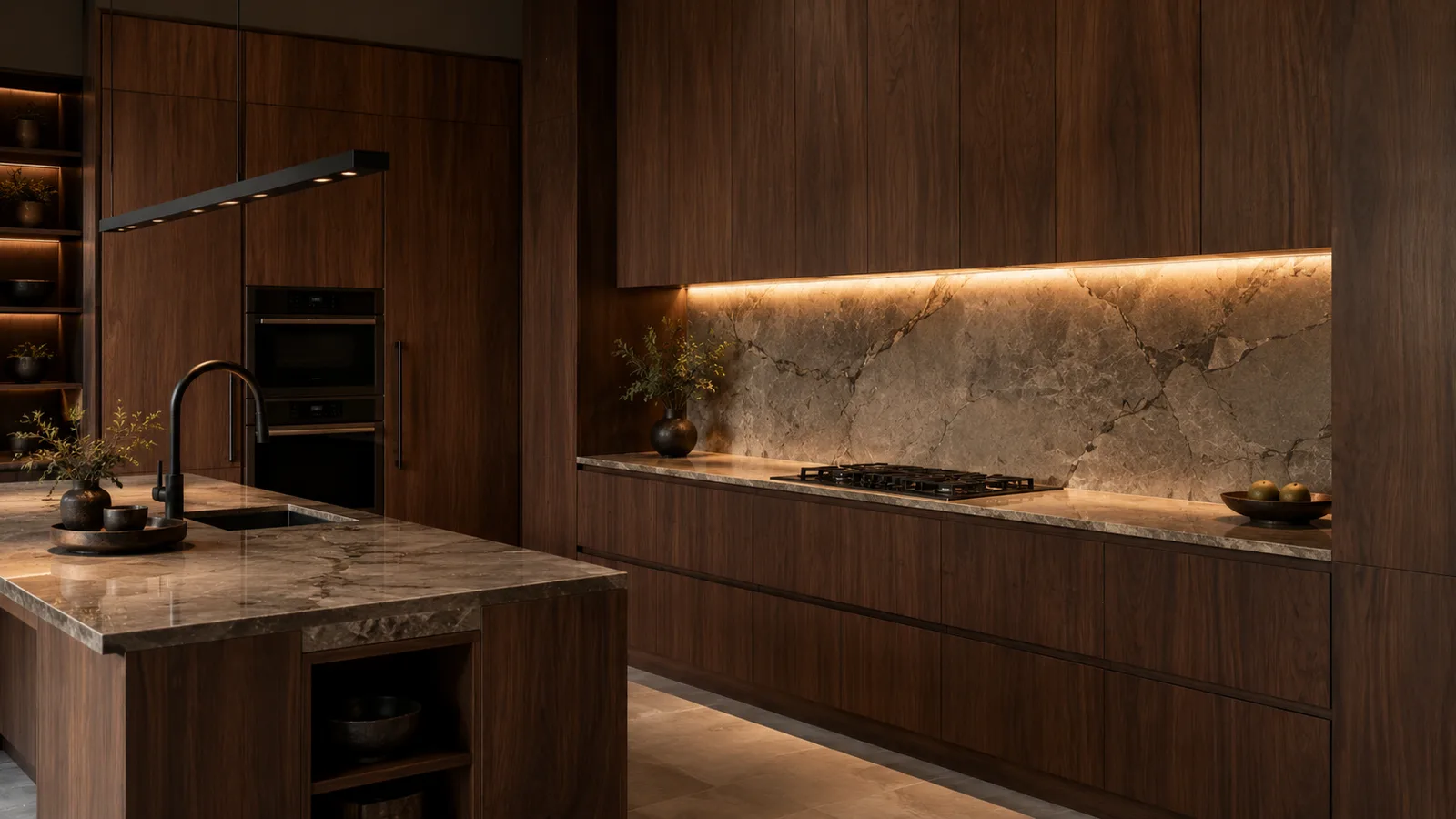 2026 kitchen cabinet color trend — rich walnut wood cabinets with warm under-cabinet lighting and stone countertops