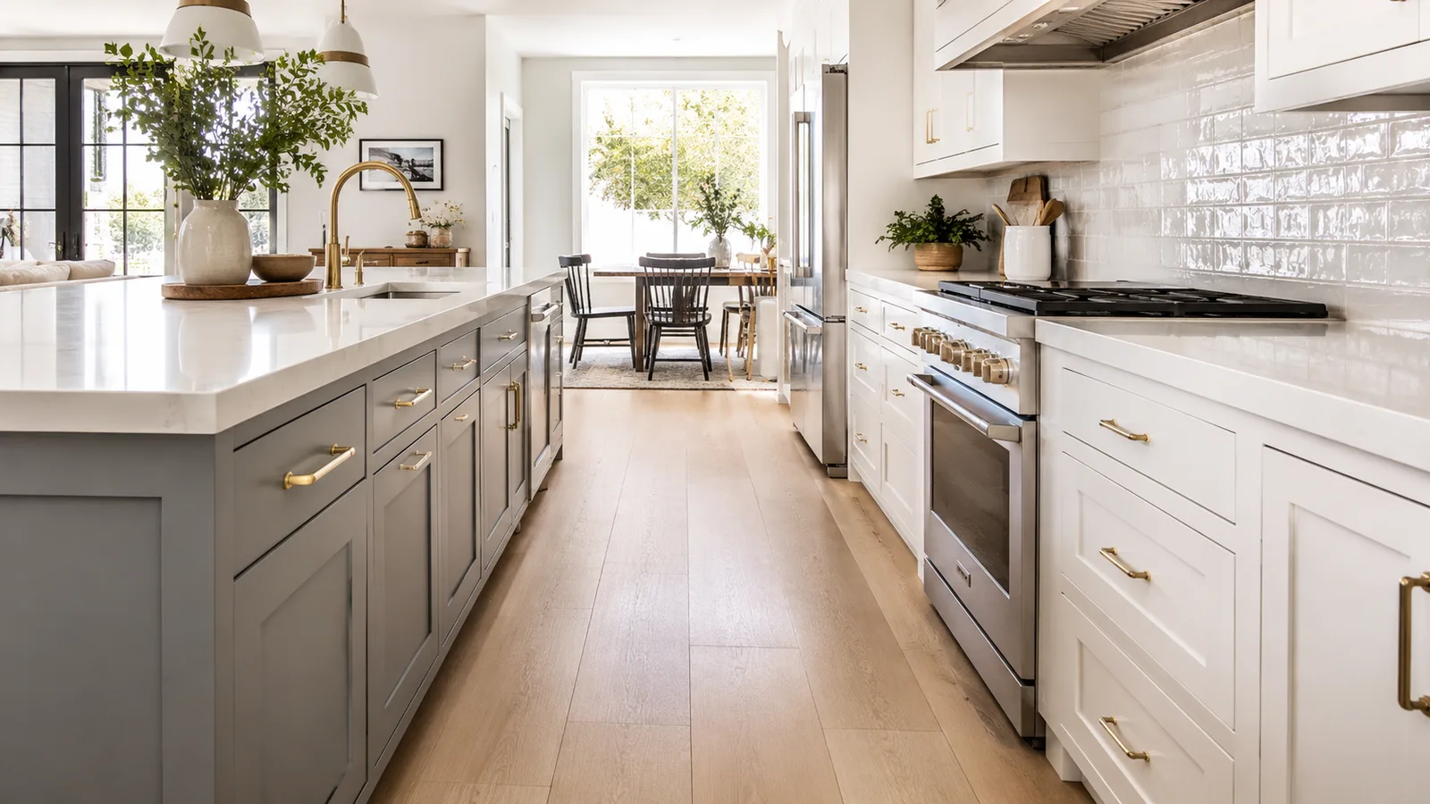 Kitchen with generous 42 inch walkway clearance between the island and perimeter base cabinets