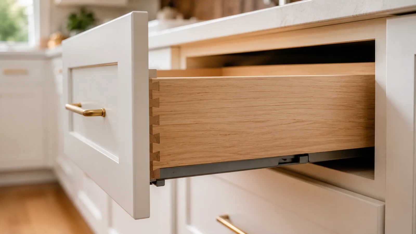 Dovetailed solid wood drawer box on a soft-close glide — the construction quality Reddit users check before naming a top cabinet brand
