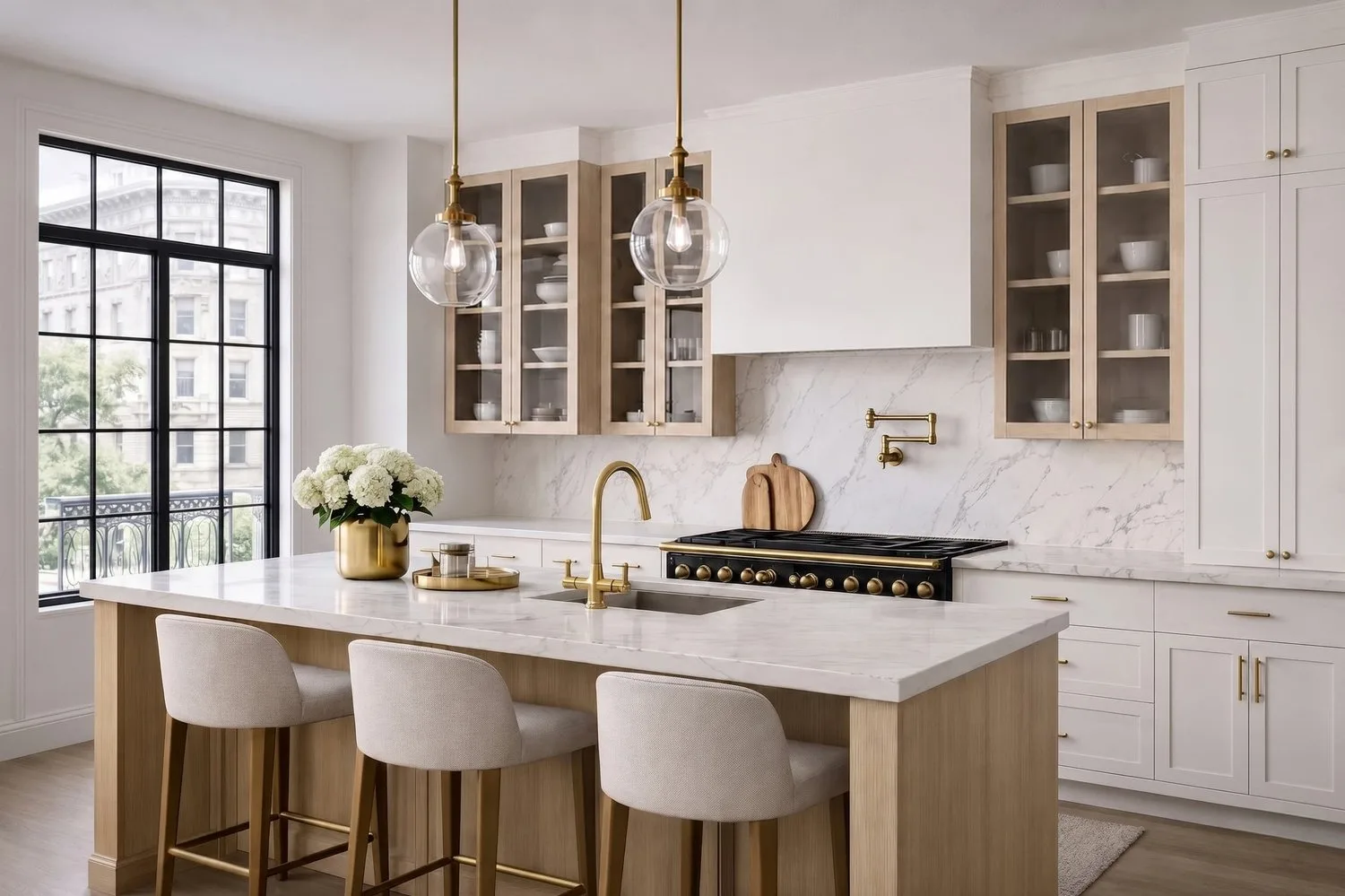 NOMA Frame classic framed kitchen in cream with marble island