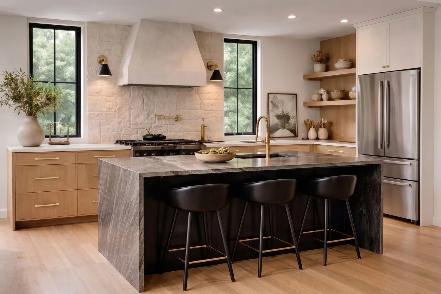 NOMA Line slim-frame kitchen in warm oak with dark countertops