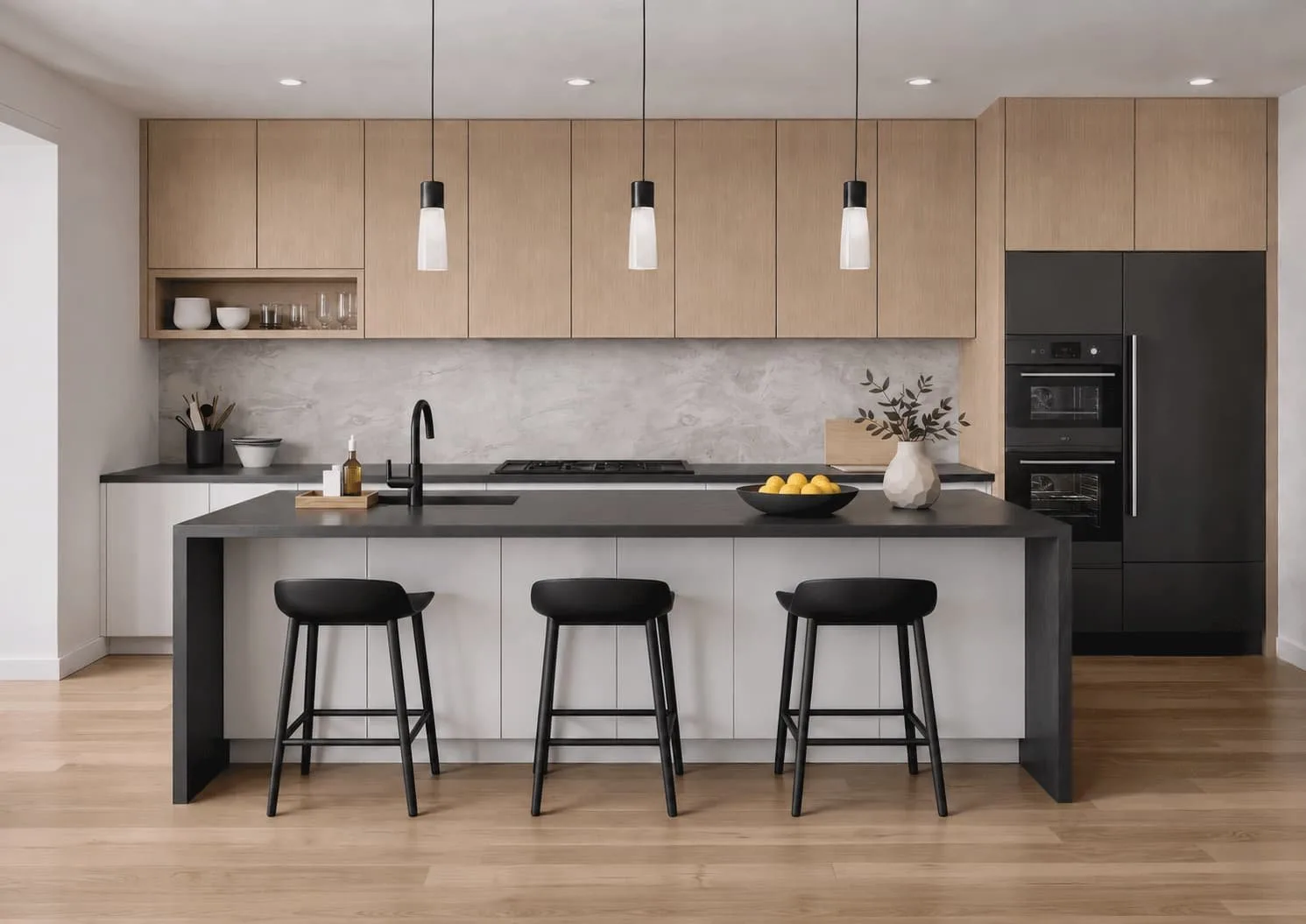 NOMA Plane slab kitchen in Nordic Oak with black island