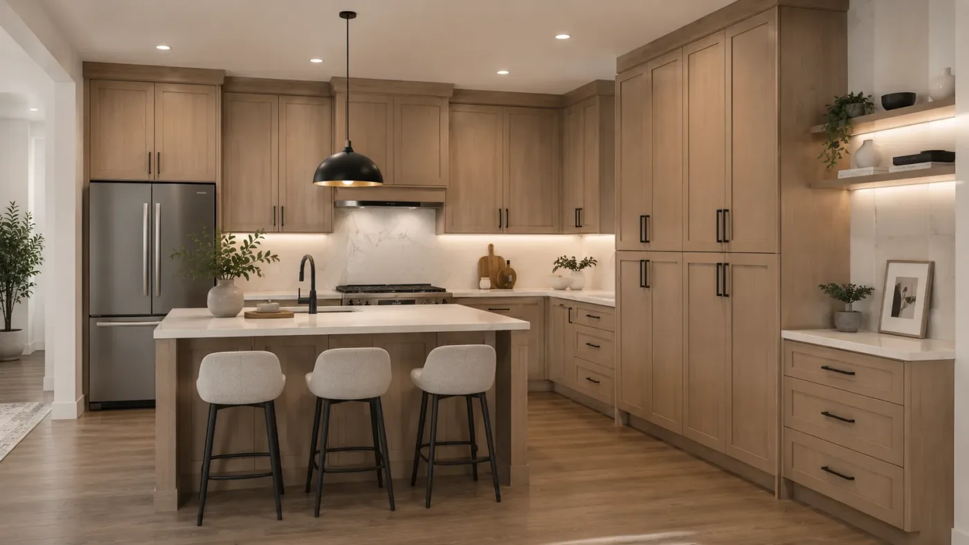 Warm wood-tone kitchen with island seating Warm wood-tone kitchen with island seating