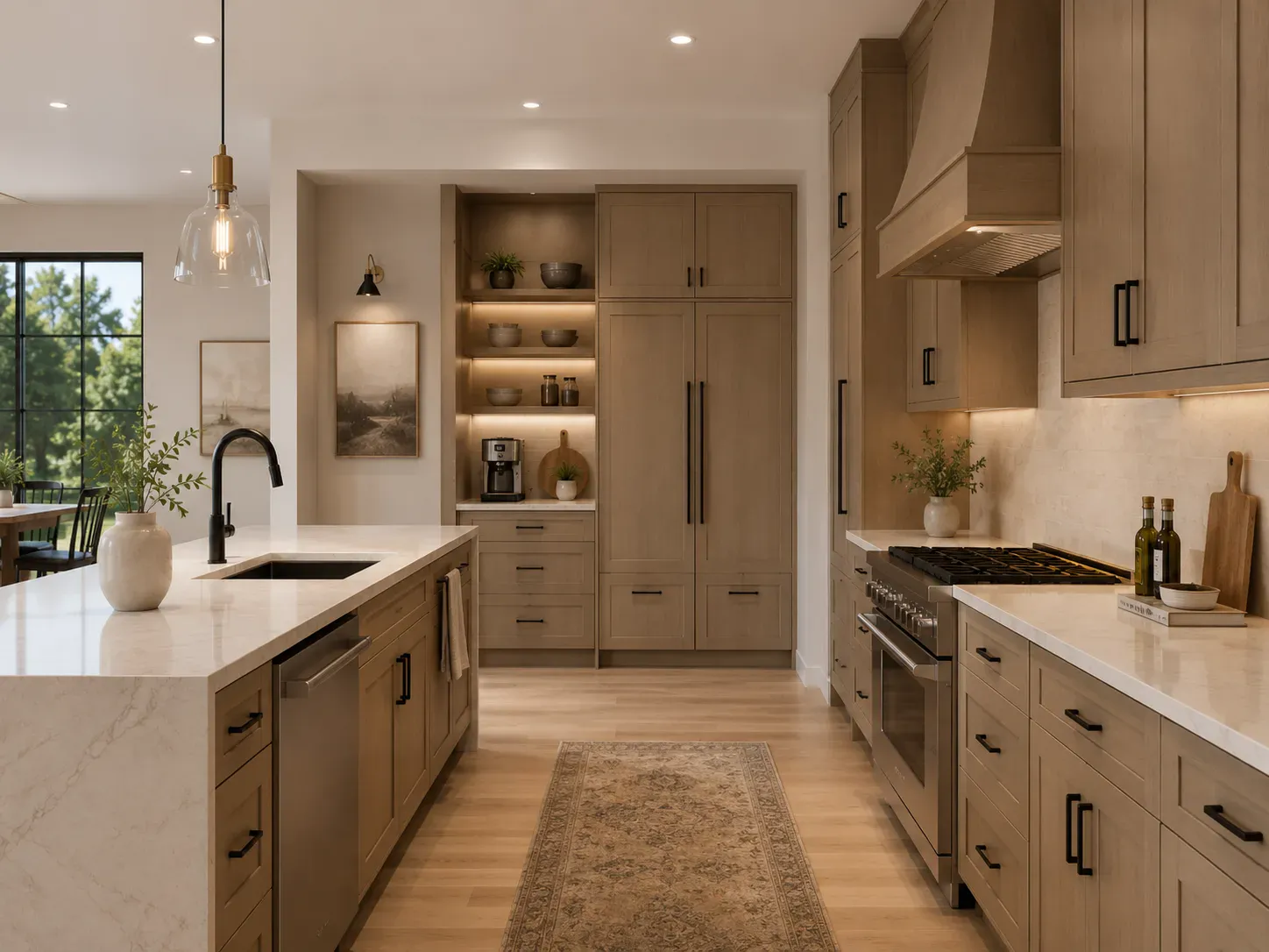 Cream cabinetry with glass display doors and integrated lighting