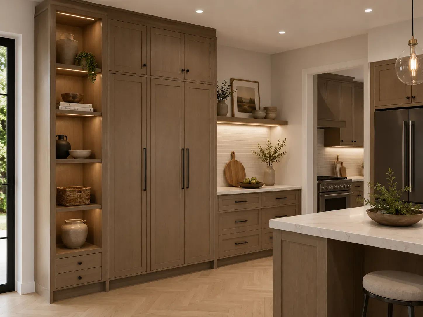 Soft white kitchen with open shelving and a stone waterfall island