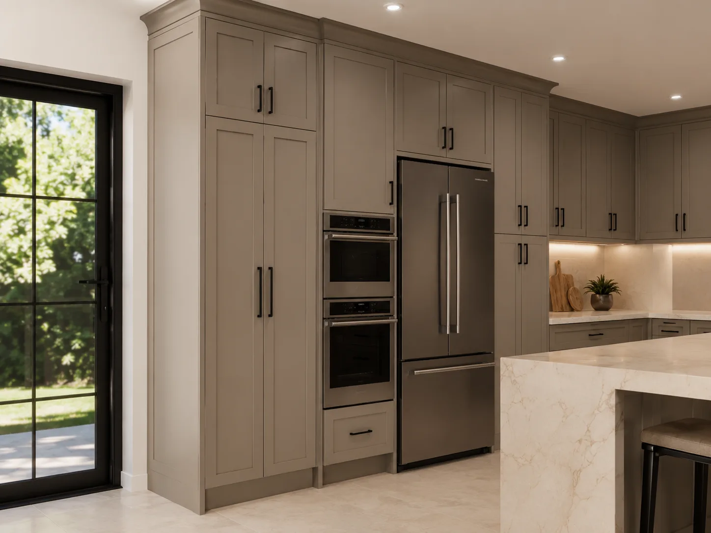 Transitional kitchen with paneled cabinets and a large center island