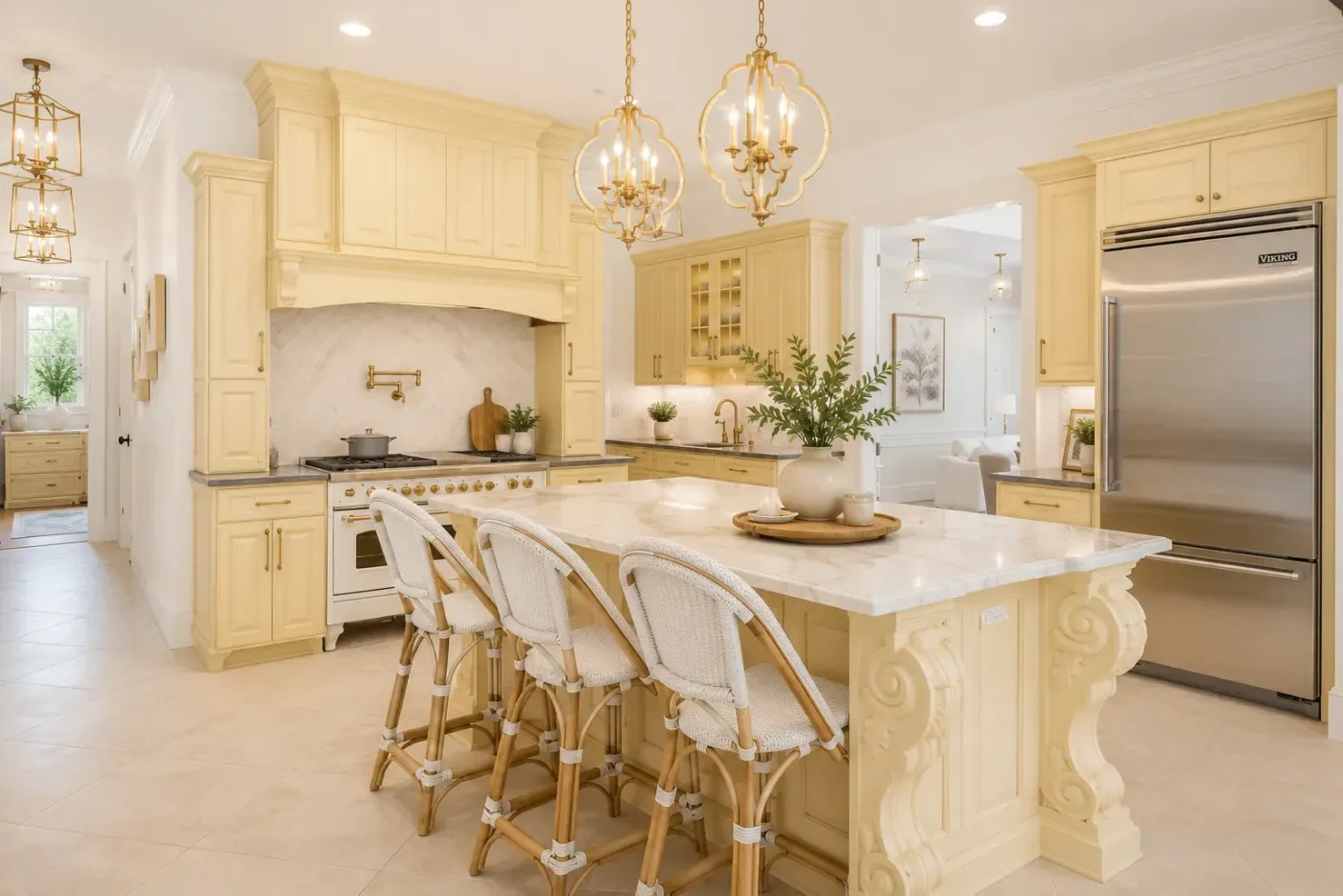 Classic kitchen with warm cream cabinets and a marble island